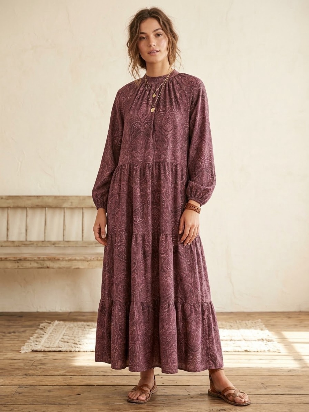a new day Purple Paisley Tiered High Neck Maxi Dress M Boho Romantic Prairie
